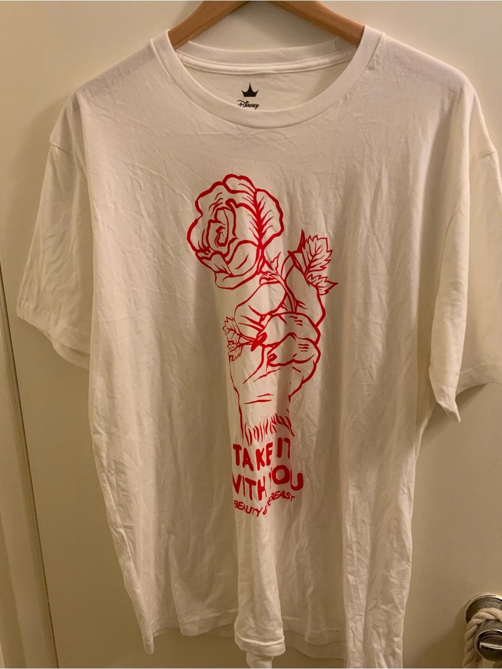Disney Beauty and the Beast White Tee with Red Rose Graphic